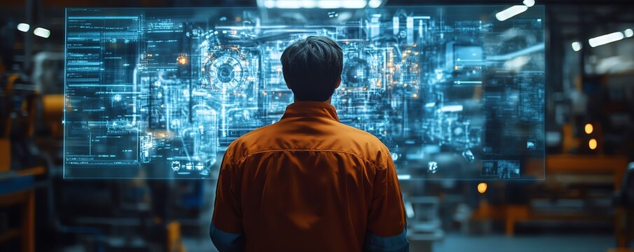 A factory worker examines a holographic projection of machine internals, showcasing predictive maintenance technology for proactive issue detection