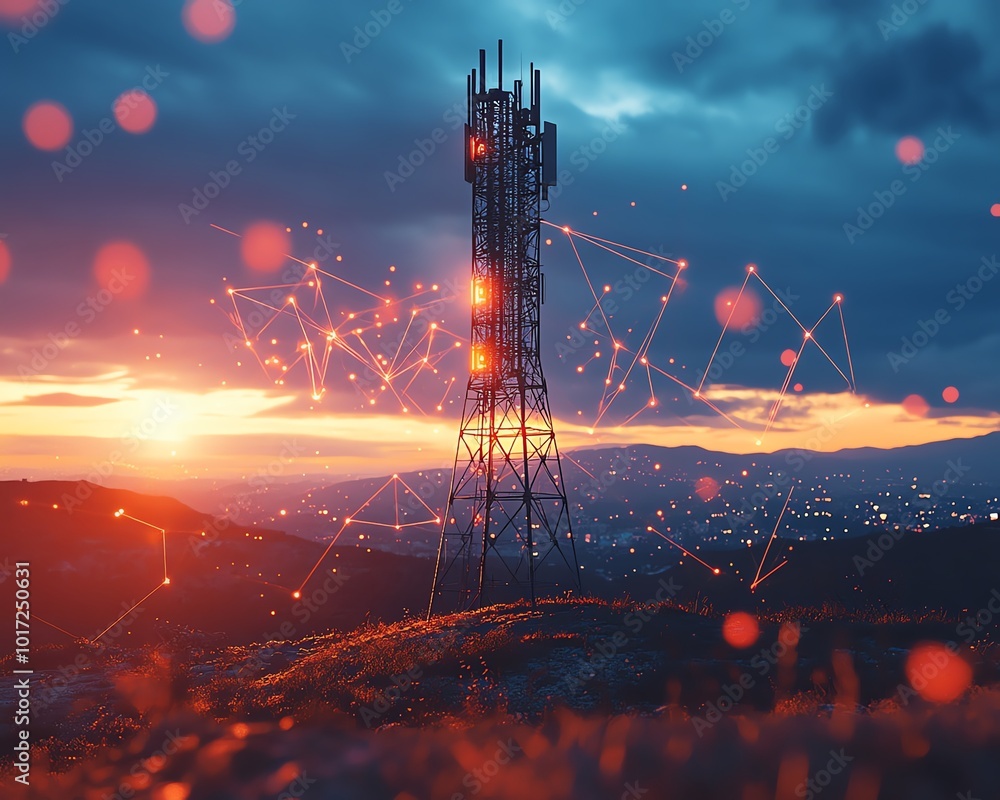 Poster A hightech 5G base station receiver atop a telecom tower, with network signals visually connecting across the landscape