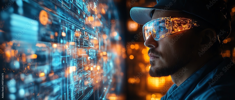 Aufkleber A holographic machine internals display captivates a factory worker, illustrating the advantages of predictive maintenance and generative AI