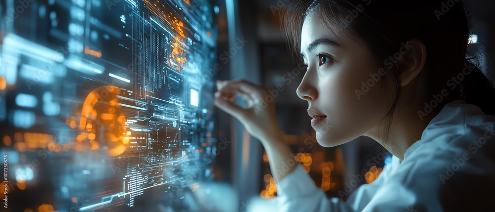 Leinwandbilder a holographic machine internals display captivates a factory worker, illustrating the advantages of 