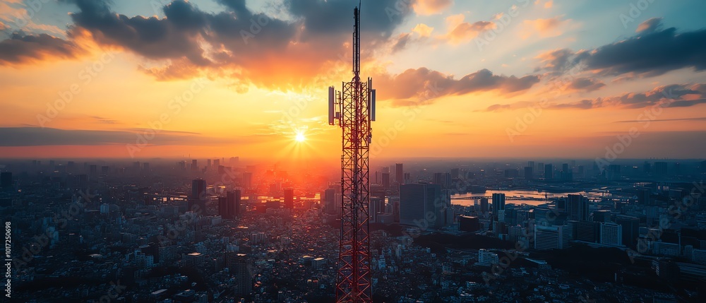 Poster a robust telecommunication tower with a 5g base station receiver, emanating vivid network connection