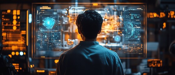 A holographic machine internals display captivates a factory worker, illustrating the advantages of predictive maintenance and generative AI