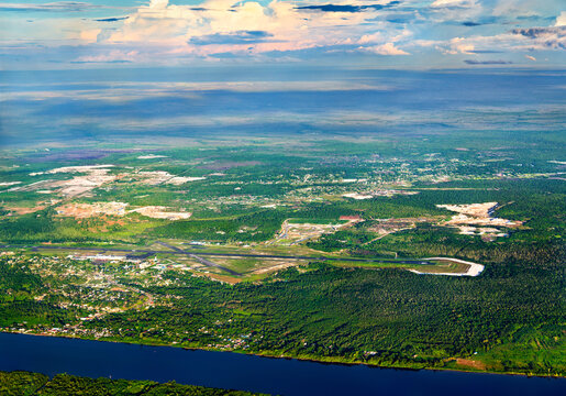 Aerial view of Cheddi Jagan International Airport in Timehri near Georgetown in Guyana, South America