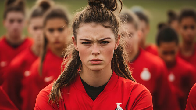A determined young athlete stands out in a team lineup.
