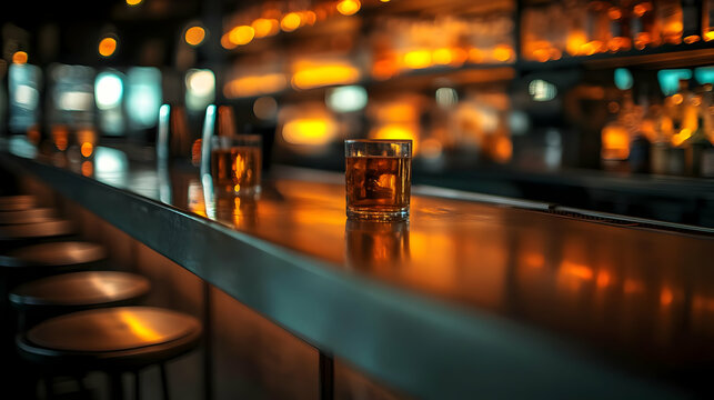 A dimly lit bar showcasing a glass of whiskey on the counter.