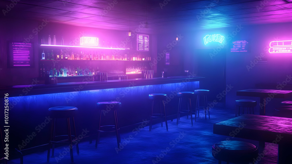 Poster a dimly lit bar with neon lights and empty stools.