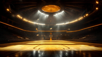 A dimly lit basketball arena with a spotlight on the court.