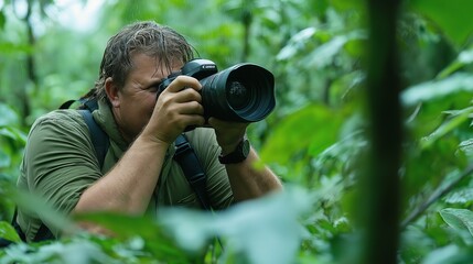 Photographer holding camera shooting wildlife animals jungle trees nature scene. AI generated