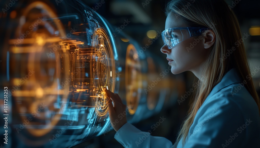 Aufkleber in a hightech factory, a worker analyzes a holographic projection of machine components, showcasing 