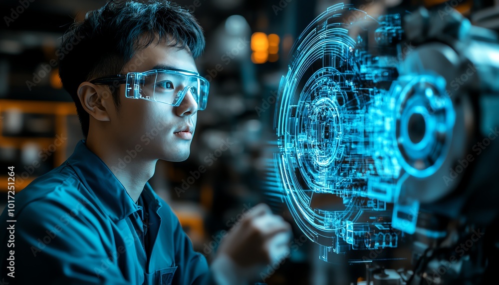 Aufkleber In a hightech factory, a worker analyzes a holographic projection of machine components, showcasing innovative predictive maintenance technology