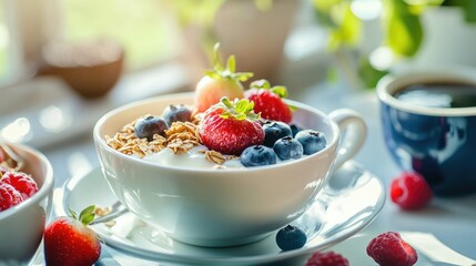 A healthy breakfast scene with fresh berries, yogurt, granola, and coffee, set beautifully on a table with natural light streaming in