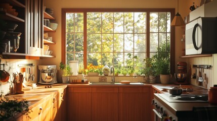 A cozy, sunlit kitchen with wooden accents and a large window that fills the space with light.