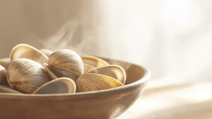 a bowl of clams with shells slightly open and a hint of steam against an isolated warm-toned background