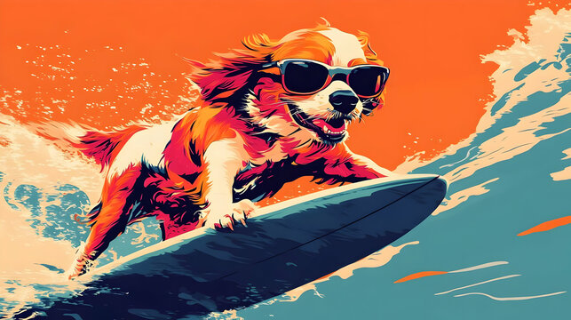 A dog surfing on a wave, wearing sunglasses, in a vibrant scene.