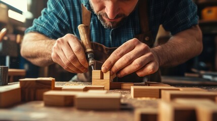 A custom furniture maker fitting wooden joints together, highlighting the skill of woodworking.