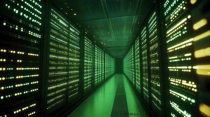 Obraz premium A data center filled with rows of illuminated servers, emphasizing the power of cloud computing.