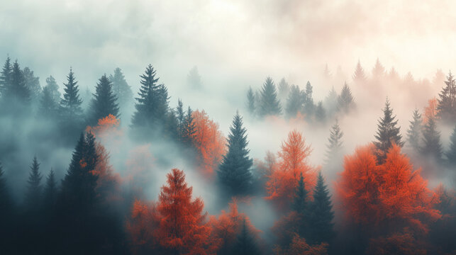 Fototapeta Misty forest landscape with vibrant autumn foliage, showcasing blend of evergreen and deciduous trees. scene evokes sense of tranquility and mystery.