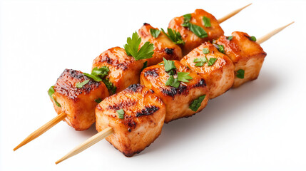 Grilled chicken skewers with herbs and spices, showcasing delicious and appetizing presentation.