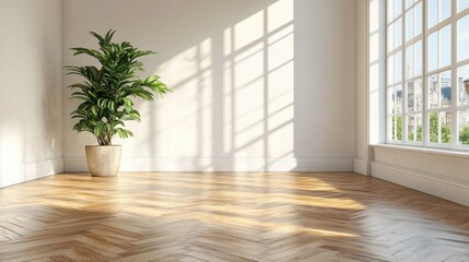 A freshly installed parquet floor with wood tones blending harmoniously into the room design.