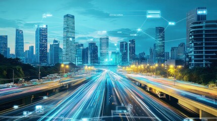 Obraz premium A futuristic smart city with buildings connected by high-tech transportation and energy systems.