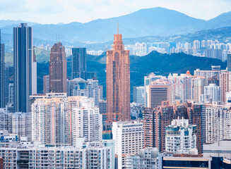 Fototapeta premium Drone fly over Shenzhen city central business district, aerial panorama China at twilight.