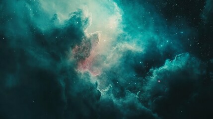 Obraz premium A glowing nebula in shades of teal and pink, with distant stars peeking through its ethereal clouds.