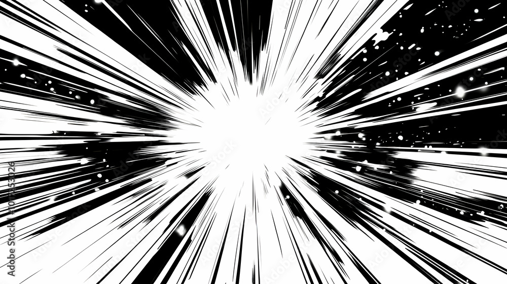 Poster a dynamic explosion effect with radial lines radiating outward.