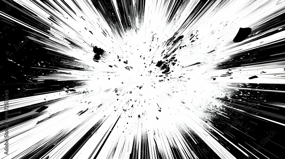 Poster a dynamic explosion effect with radiating lines and debris.