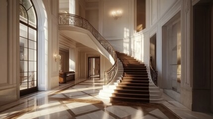 Fototapeta premium A grand foyer with a marble staircase and elegant parquet flooring, offering a luxurious entrance.