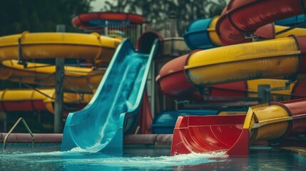 Water Park Slides with Blue and Red Colors Ending in Pool