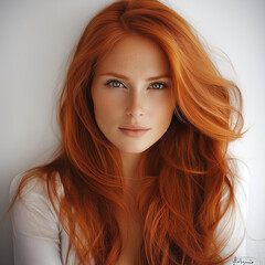 Naklejka premium A portrait of a young woman with long red hair and freckles on a light background. She looks directly into the camera, showcasing her natural beauty