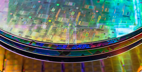 Silicon Wafer Under Cleanroom Fabrication in plastic holder box,integrated circuits to manufacture...