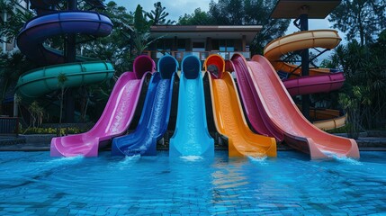 Colorful Water Slides Entering a Pool