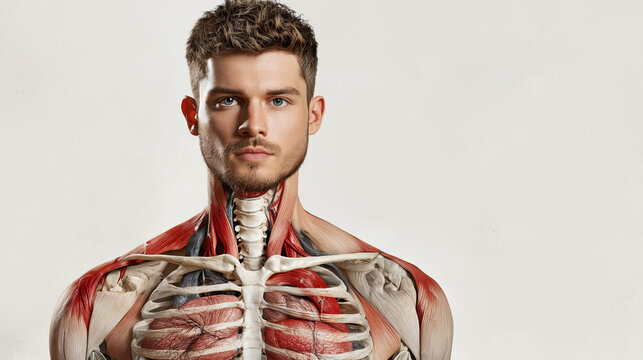 Anatomical illustration of a man displaying the cardiovascular, nervous, skeleta