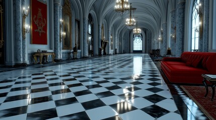 Castle grand hall chandeliers tapestries luxurious setting royalty atmosphere elegance decor. AI generated