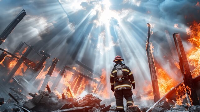 A firefighter entering a burning structure, actively searching for possible survivors in the midst of fire and smoke