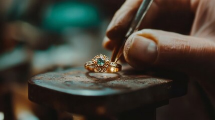 A jewelry maker setting gemstones into a ring, focusing on the detail and care in handcrafted designs.