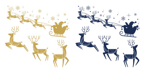 vector reindeer and santa claus sleigh outline silhouette minimal modern set