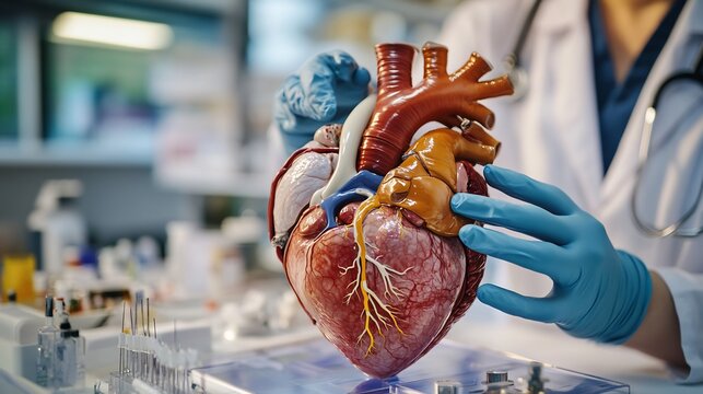 Anatomy of human heart detailed chambers and valves cardiologist using echocardiogram hospital setting with heart models