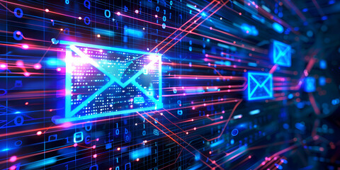 High-Speed Digital Communication with Neon Email Icons, Abstract Neon Email Symbols for Fast Online Communication