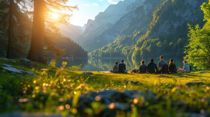 A group of tourists traveling in green nature forest mountains on sunrise. Summer weekends vacations camping 