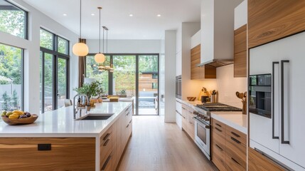 A light, airy kitchen with a mix of white and wood tones, featuring sleek, modern design elements.