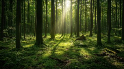 Fototapeta premium A lush green forest with sunlight filtering through the trees, representing nature conservation.