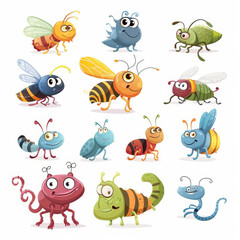 Set of clipart vector stickers Cartoon friendly insects fly illustration on white background isolated.  Funny bee, bug flat icons
