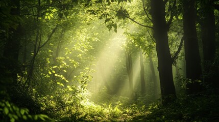 Obraz premium A lush green forest with sunlight filtering through the trees, representing nature conservation.