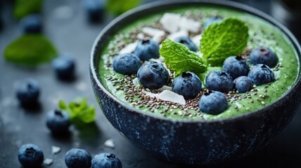 Fresh green smoothie bowl topped with chia seeds, blueberries, and coconut flakes, shot in natural lighting 