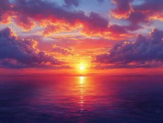 Obraz premium vibrant sunset painted with fiery shades of orange, pink, purple, and yellow, creating a panoramic view that captures the ethereal beauty of twilight, evoking feelings of peace and inspiration