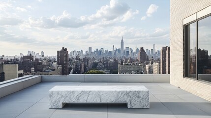 A marble bench on a rooftop terrace, with a panoramic view of the city skyline.