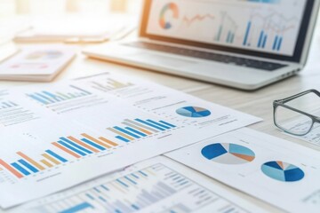 Financial reports and graphs on desk with laptop