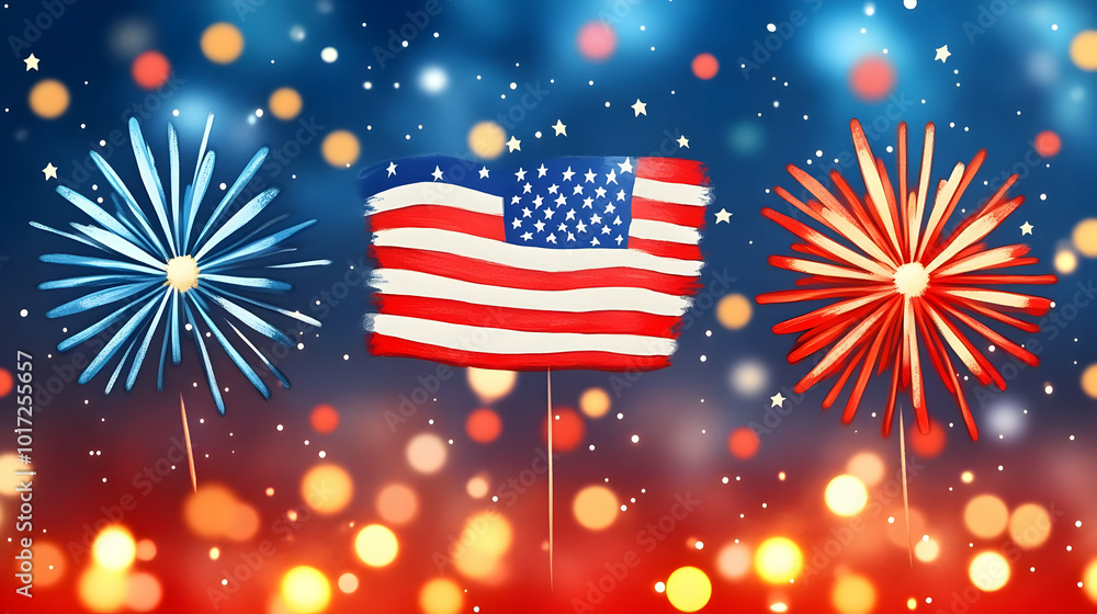 Poster a festive display featuring a u.s. flag and colorful fireworks.